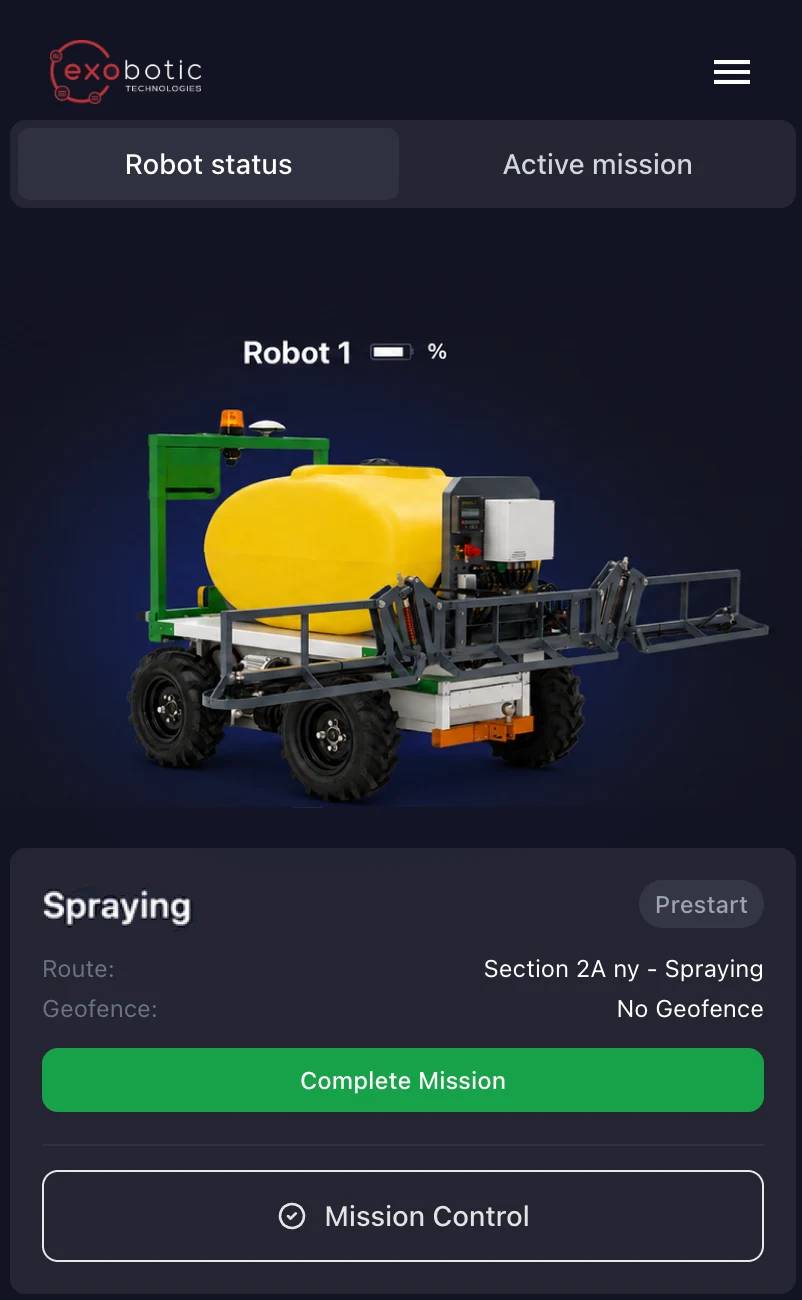 Operator app — robot overview with live status and mission controls