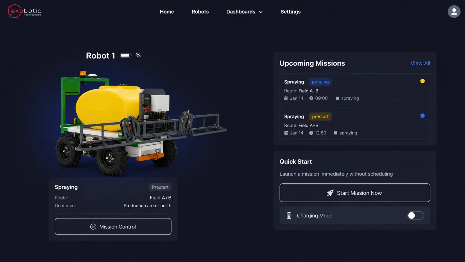 Exobotic Navigation robot overview screen showing battery, upcoming missions and mission controls