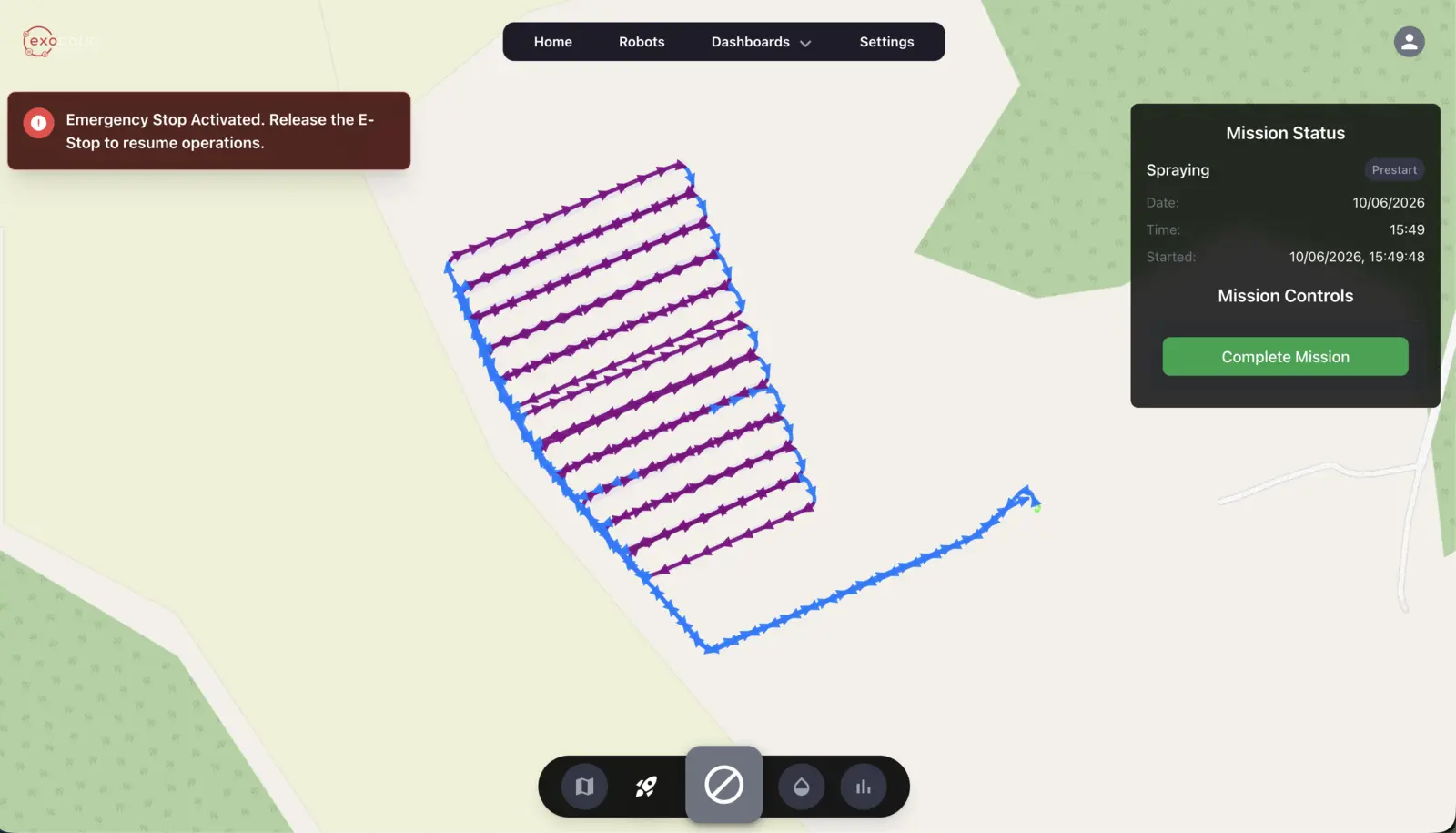 Route management map view showing a sprayed orchard field with mission status panel