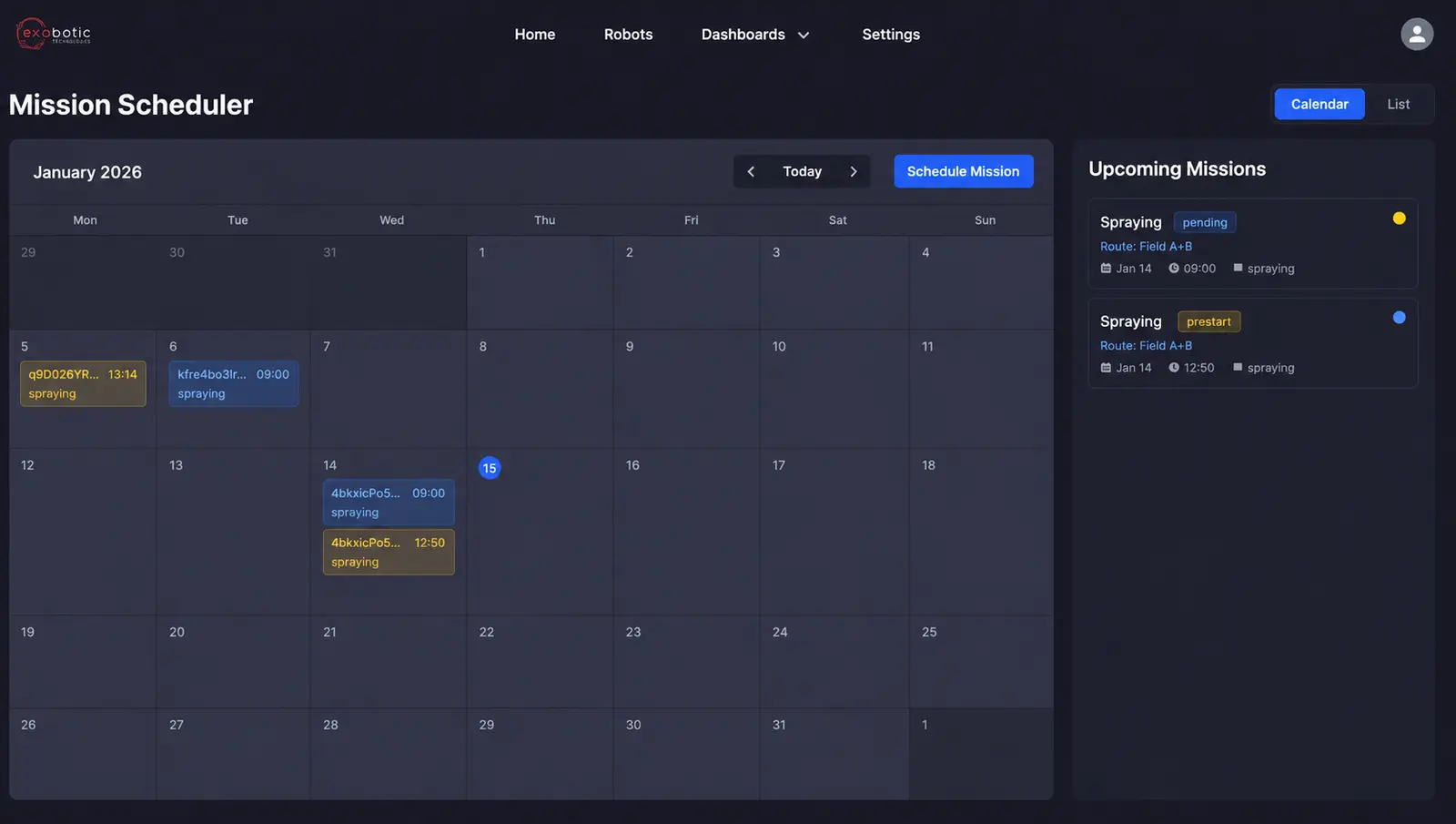 Mission scheduler calendar with spraying tasks and upcoming missions list